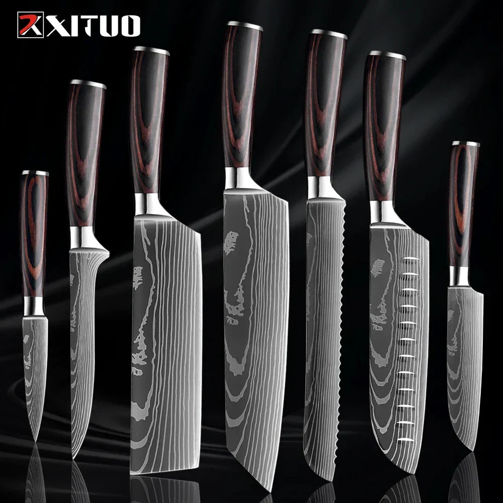 Collection de couteaux en acier inoxydable, 1 à 9 pièces, manche en bois, couteau de chef, couteau à légumes, couteau de cuisine universel professionnel | Sulvida