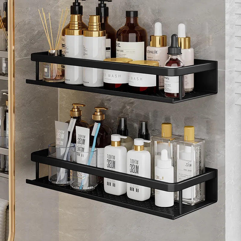 Aluminium Doucheplank Wandmontage Zwart Mat Opbergrek Badkamer Keuken Geperforeerd Waterdoorlatend Design | Sulvida
