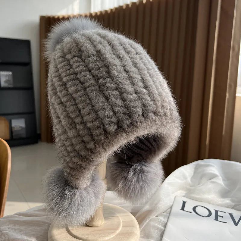 Gebreide Bontmuts Dames met Pompom Spiraalpatroon Wintermuts Herfst Winter Vrouwen Warm Luxe Echt Bont | Sulvida