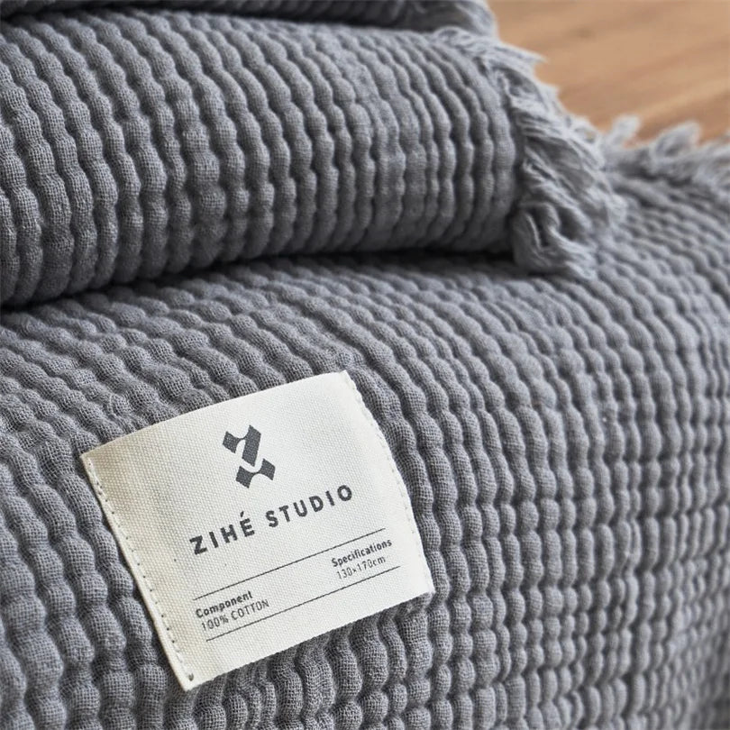 Zeslaags Katoenen Plaid met Franjes 130x170 en 200x230 Decoratief Woonplaid Mousseline Textiel Bankdeken | Sulvida
