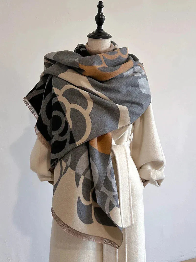 Dubbelzijdige Kasjmier Wintersjaal 185x65cm Bloemdesign Roze Oranje Grijs Dames Sjaal Warm Zacht Elegant | Sulvida