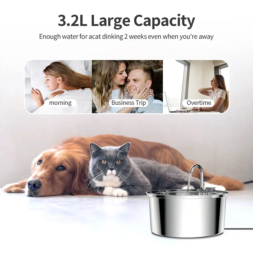 Automatische Drinkfontein voor Huisdieren RVS 3L USB Waterstroomfontein Kat Hond Stil met Filter Circulatie | Sulvida
