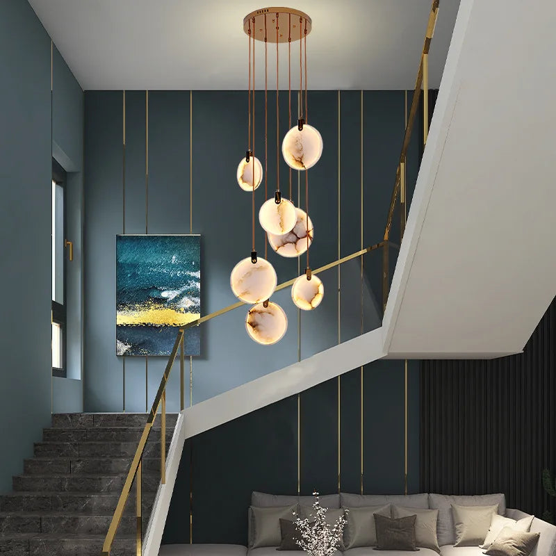 Alabaster spiraal hanglamp kroonluchter geborsteld goud instelbare hoogte dimbaar LED sfeerverlichting | Sulvida
