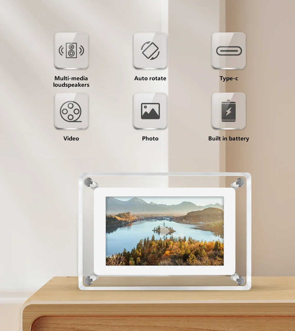 Digitale fotolijst acryl draadloos 12,7 cm IPS scherm oplaadbaar batterij foto video muziekweergave helder display | Sulvida