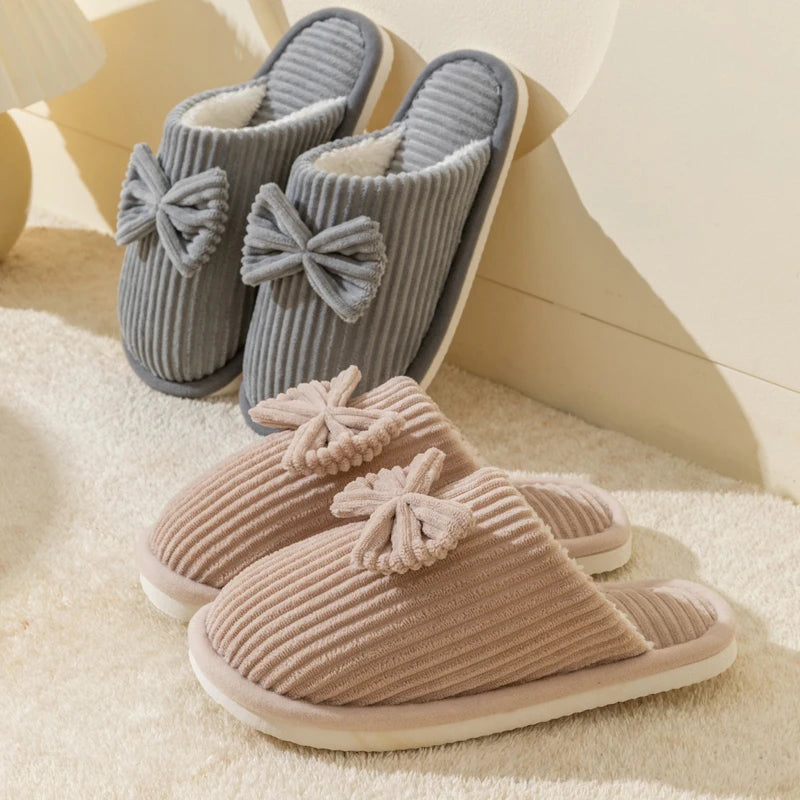 Huisslippers met Strik Dames Ribfluweel Gevoerd Antislip Binnenschoenen Fluweelzachte Pantoffels Warm | Sulvida
