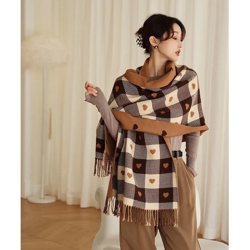 Gebreide Hartvormige Sjaal Dames Geruit Warm Wintersjaal Oversized Omslagdoek Herfst Winter Accessoire | Sulvida