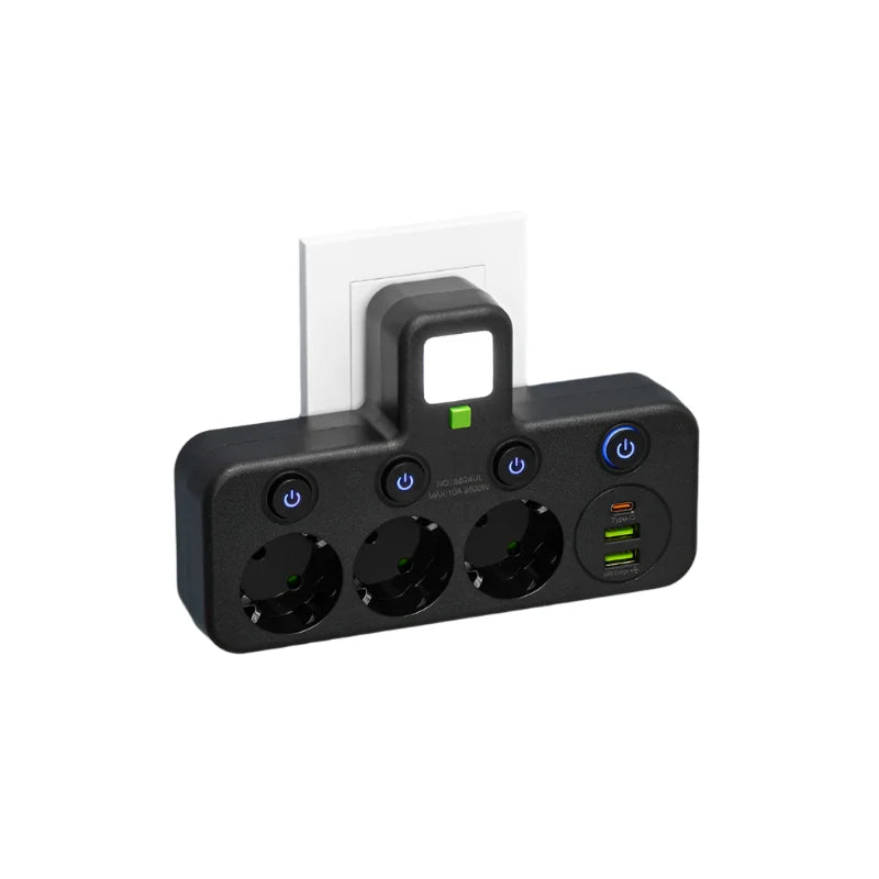 Stekkerdoos met USB en USB-C 2500W | 3-4 Stopcontacten 2 USB 1 Typ-C Overspanningsbeveiliging Schakelaar | Sulvida
