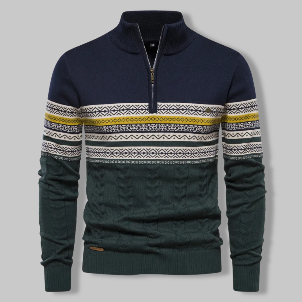 Heren Trui met Kabelpatroon en Kwart Rits Donkerblauw Ivoor Bordeaux Nordic Jacquard Gebreide Pullover | Sulvida