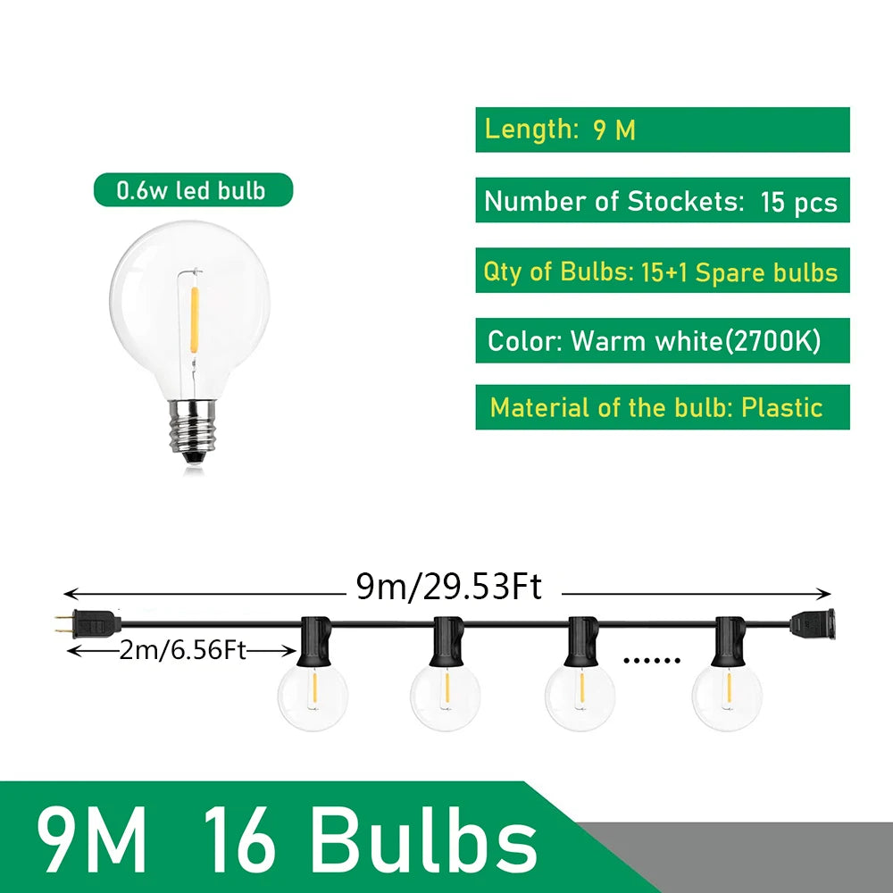 LED Bollampjes Lichtsnoer Outdoor IP44 Warm Wit Feestverlichting Tuin Terras Bruiloft Party Decoratie | Sulvida