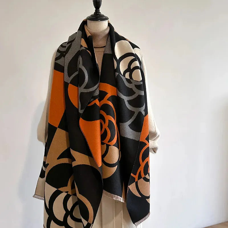 Dubbelzijdige Kasjmier Wintersjaal 185x65cm Bloemdesign Roze Oranje Grijs Dames Sjaal Warm Zacht Elegant | Sulvida