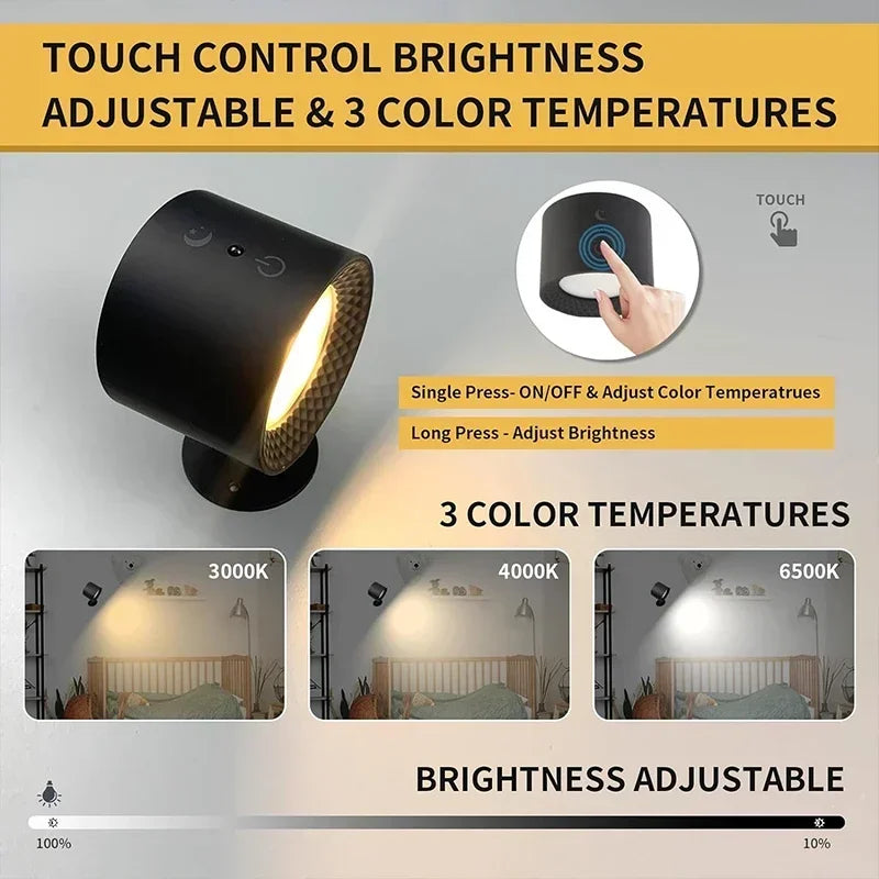 Draadloze LED Wandlamp met Afstandsbediening 360° Draaibaar Oplaadbaar Nachtlampje Slaapkamer Leeslamp | Sulvida