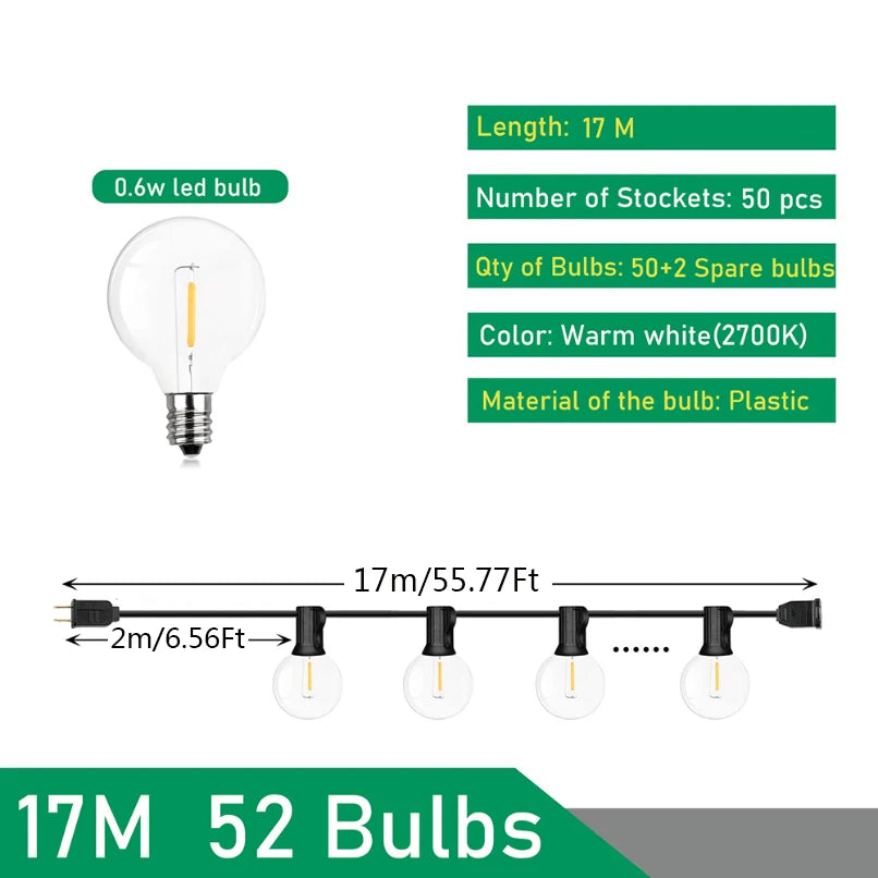 LED Bollampjes Lichtsnoer Outdoor IP44 Warm Wit Feestverlichting Tuin Terras Bruiloft Party Decoratie | Sulvida