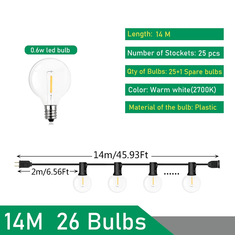LED Bollampjes Lichtsnoer Outdoor IP44 Warm Wit Feestverlichting Tuin Terras Bruiloft Party Decoratie | Sulvida