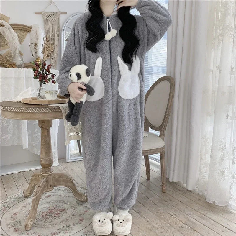Warme Bunny Jumpsuit Pyjama met Capuchon – Zachte Huispak voor Koude Avonden – Onesie met Konijnenoren | Sulvida