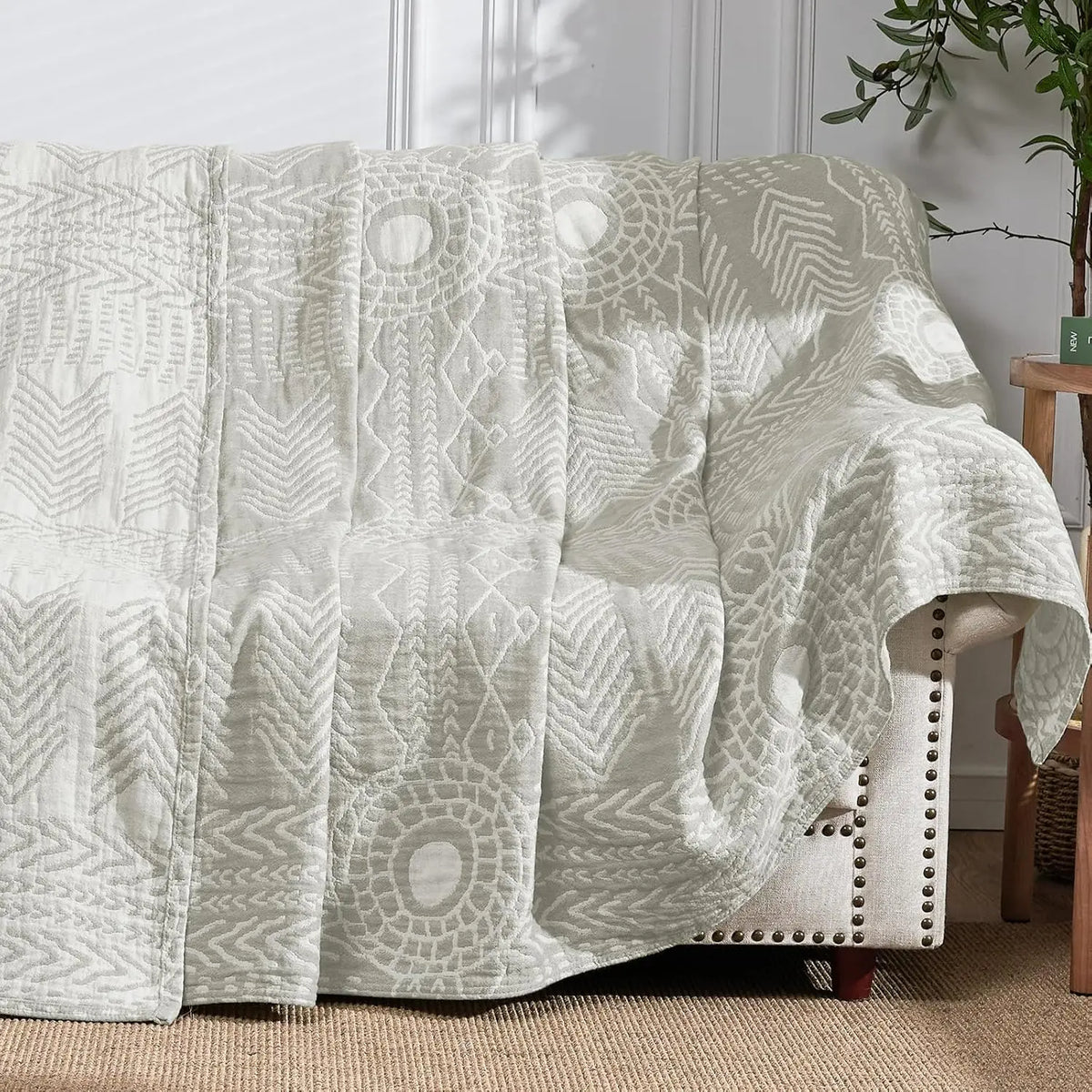 Katoenen Plaid met Geometrisch Patroon Drielaags Ademend Woonplaid Reversibel 150x200 Bank Deken Stijlvol | Sulvida