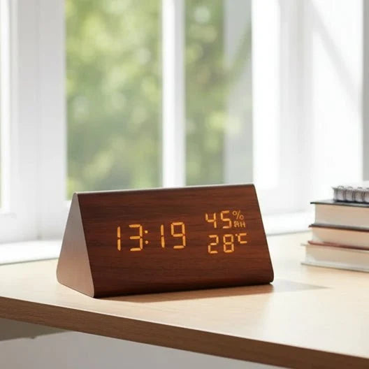 Digitale wekker houtlook LED temperatuurweergave drie alarmen instelbare helderheid slaapkamer nachtkastje | Sulvida
