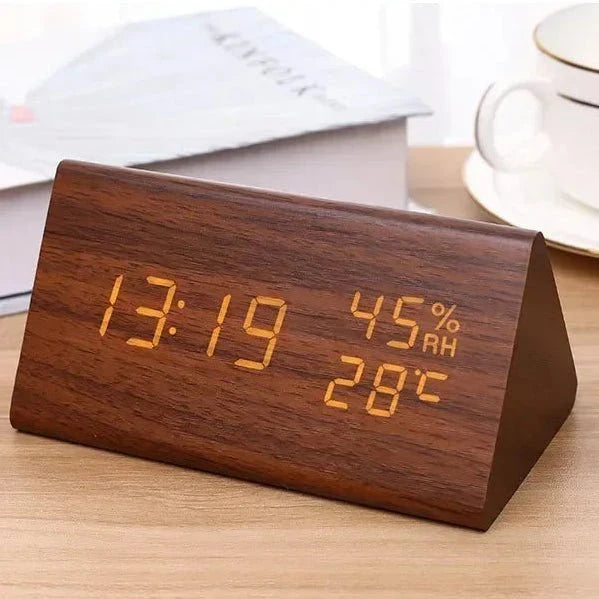 Digitale wekker houtlook LED temperatuurweergave drie alarmen instelbare helderheid slaapkamer nachtkastje | Sulvida