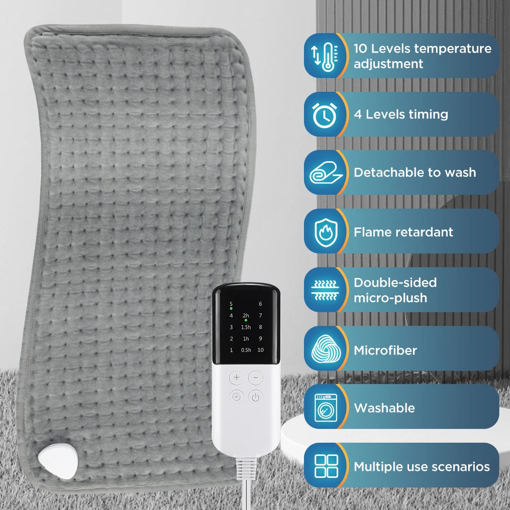 Elektrisch Verwarmingskussen 60x30 cm Instelbare Warmtemat voor Rug Benen Handen Microfluweel Grijs Warmtekussen | Sulvida