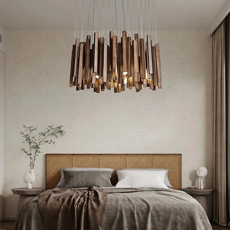 Houten Hanglamp Rond LED Kroonluchter Warm Licht Woonkamer Eetkamer Japans Minimalistisch Design Sfeerverlichting | Sulvida