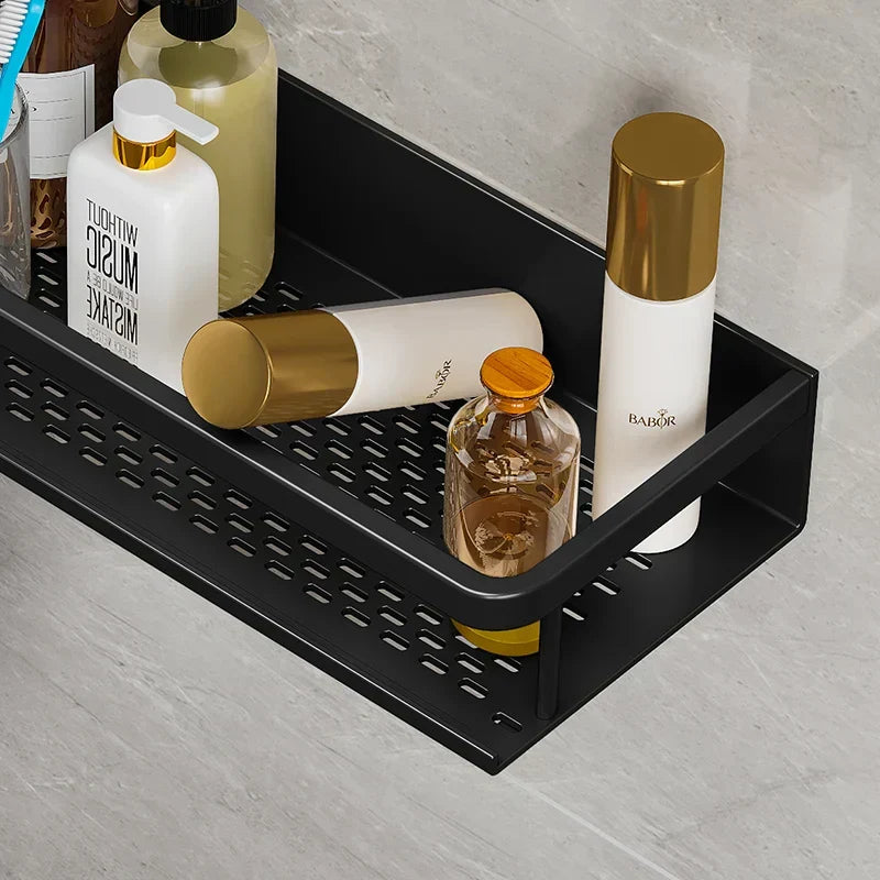 Aluminium Doucheplank Wandmontage Zwart Mat Opbergrek Badkamer Keuken Geperforeerd Waterdoorlatend Design | Sulvida