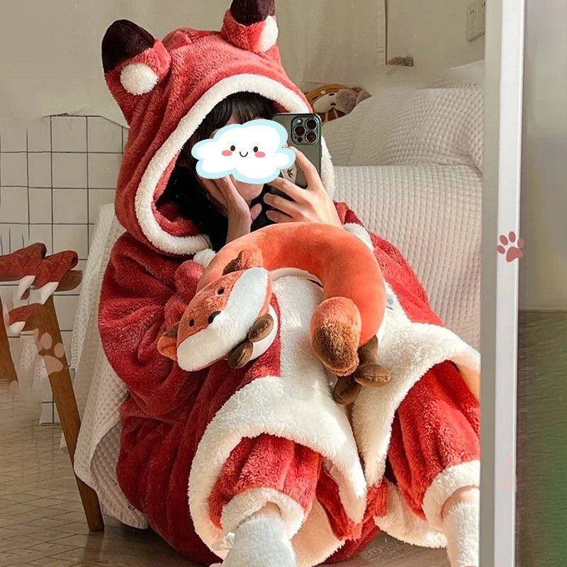 Dieren Onesie Pyjama met Capuchon Vos Dino Print voor Kinderen Volwassenen Comfortabel Herfst Winter Thuis | Sulvida