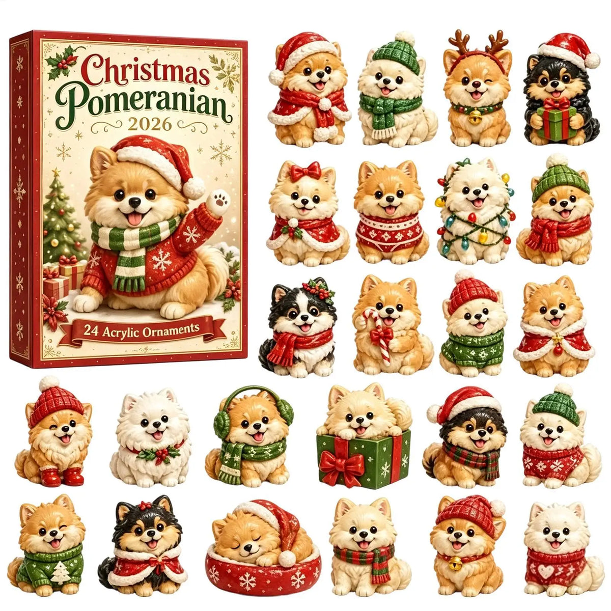 Honden Adventskalender 2026, 24 dagen kerstcountdown met 24 stuks 2D acryl schattige hondenboomhangers voor Kerstmis Navidad