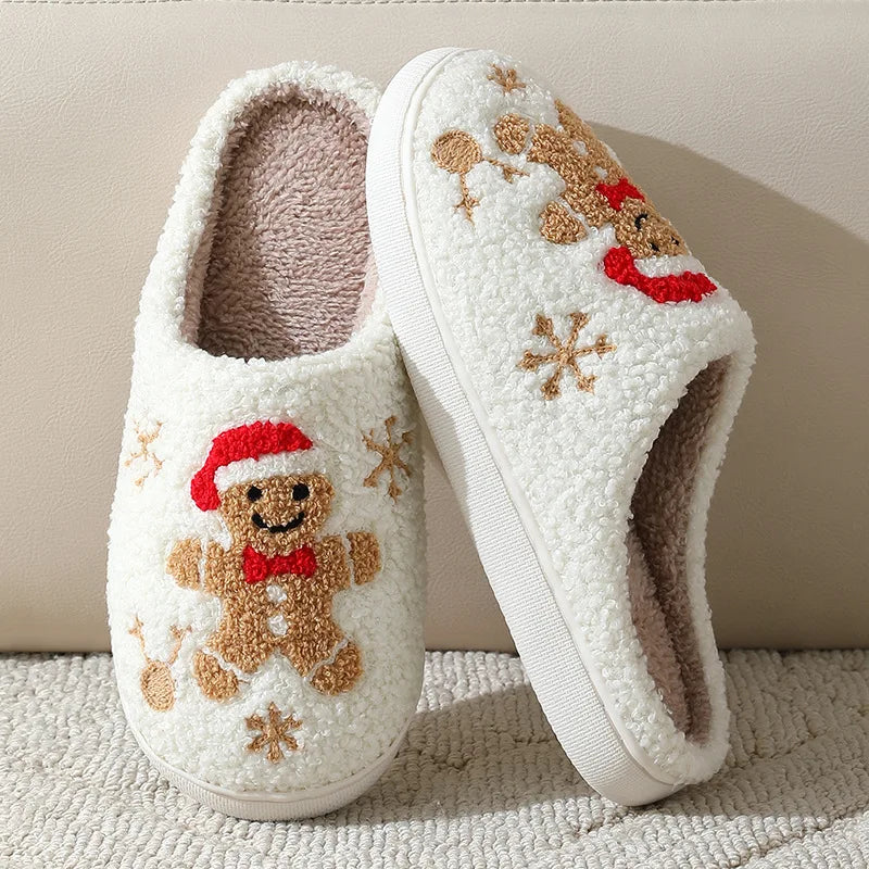 Huisslippers Peperkoek Motief Zachte Pluche Binnenschoenen Winterwarm Dames Heren Unisex Kerstcadeau | Sulvida