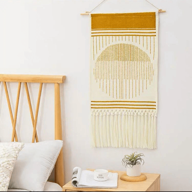 Geometrisch getuft wandtapijt met franjes natuurlijke macramé boho stijl 50×70 cm woonkamer decoratie | Sulvida