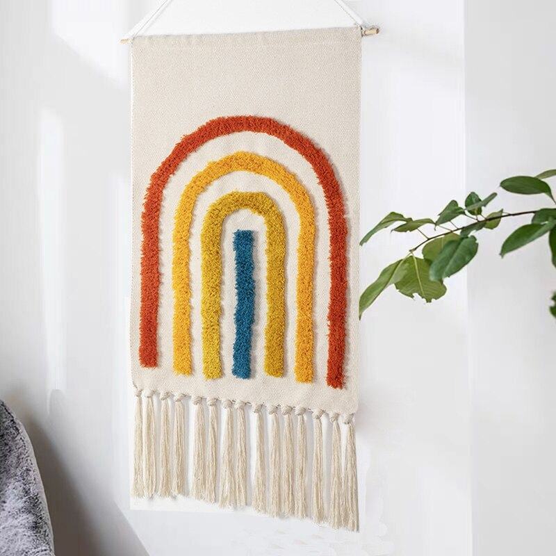 Geometrisch getuft wandtapijt met franjes natuurlijke macramé boho stijl 50×70 cm woonkamer decoratie | Sulvida