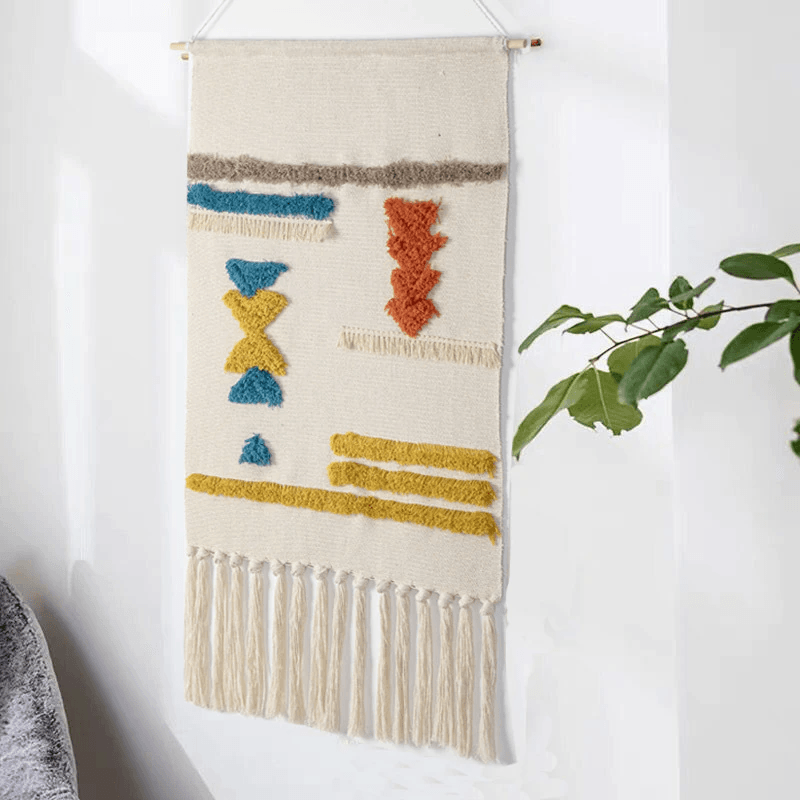 Geometrisch getuft wandtapijt met franjes natuurlijke macramé boho stijl 50×70 cm woonkamer decoratie | Sulvida
