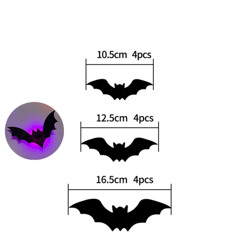 Lichtgevende 3D Vleermuisstickers met LED Verlichting Wanddecoratie Halloween Feest Decoratie Binnen Buiten | Sulvida