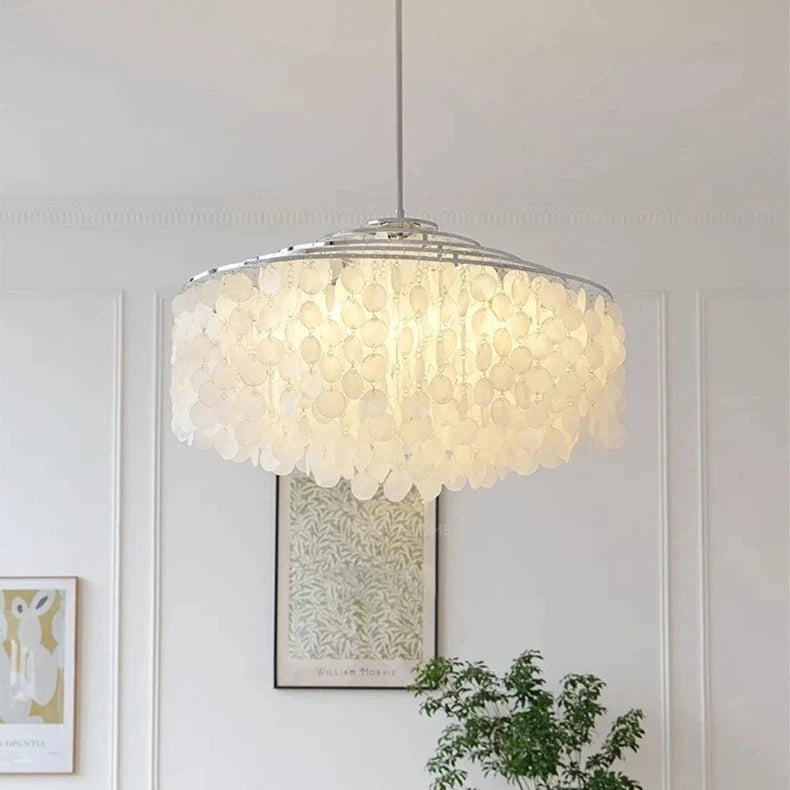 Ronde hanglamp met schelpenlagen en LED-verlichting voor sfeervolle woonkamer eetkamer entree en slaapkamer | Sulvida
