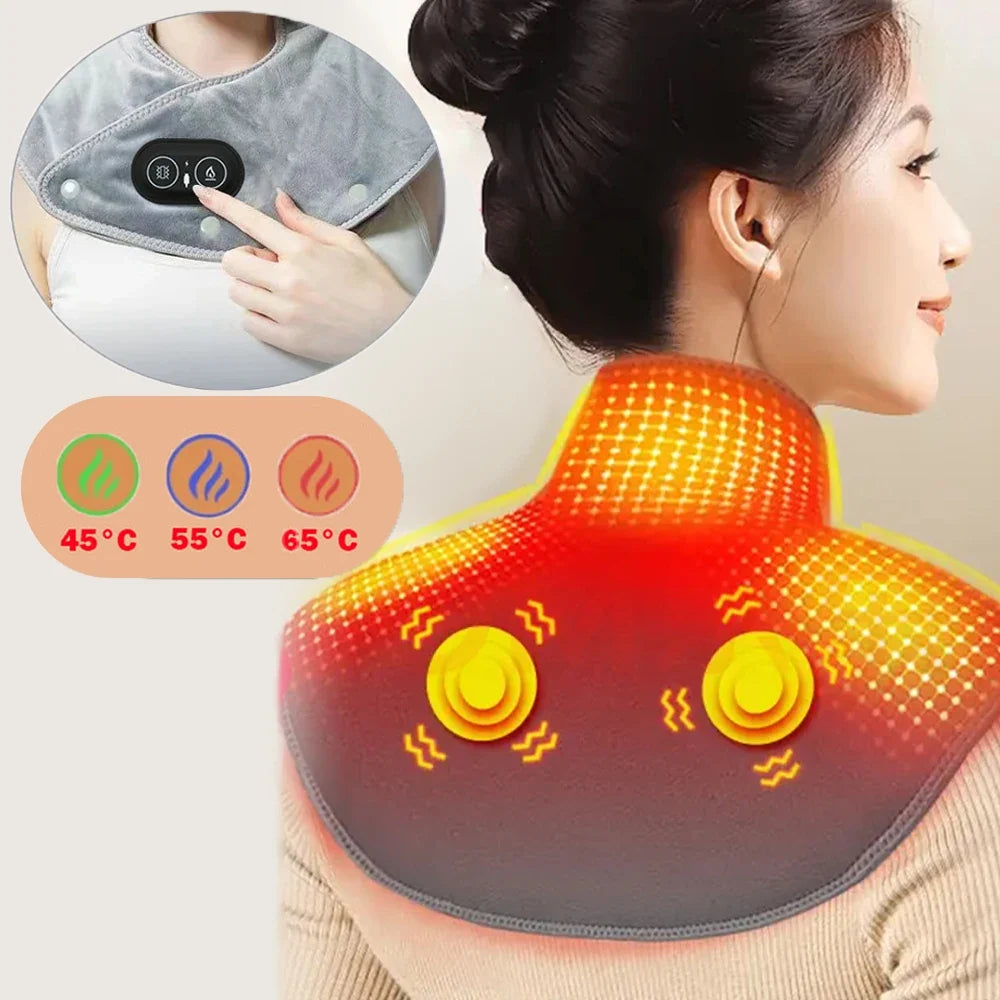 Verwarmend Nek- en Schouderkussen met Trilmassage USB Oplaadbaar 3 Warmtestanden Timer Zacht Pluche Ontspanning | Sulvida