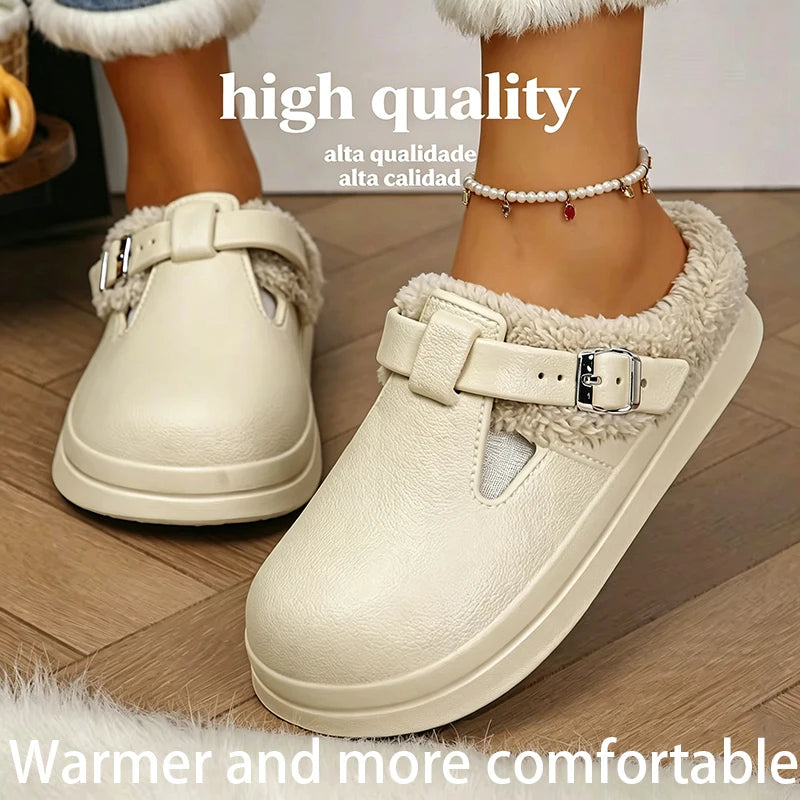 Chaussons chauds avec doublure en peluche et boucle métallique pour femme, pantoufles d’intérieur d’hiver antidérapantes et confortables | Sulvida