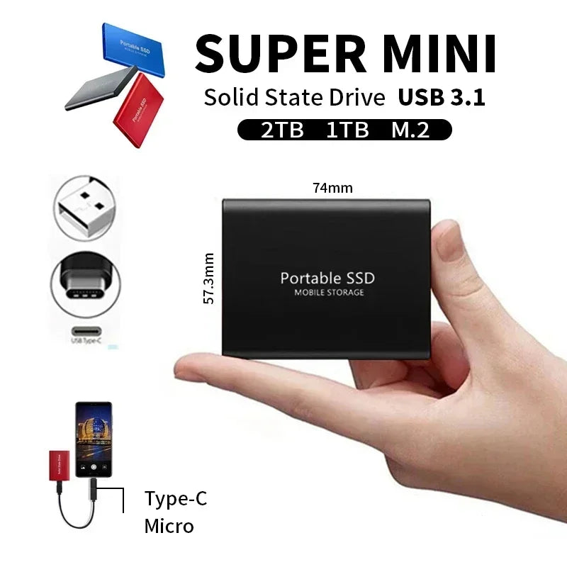 Externe SSD 2TB USB 3.1 Draagbare Harde Schijf Opslag Zwart Blauw Rood Compact Snel Compatibel Laptop PC | Sulvida