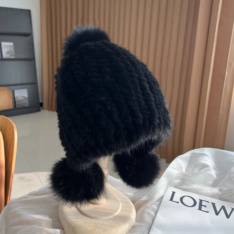Gebreide Bontmuts Dames met Pompom Spiraalpatroon Wintermuts Herfst Winter Vrouwen Warm Luxe Echt Bont | Sulvida