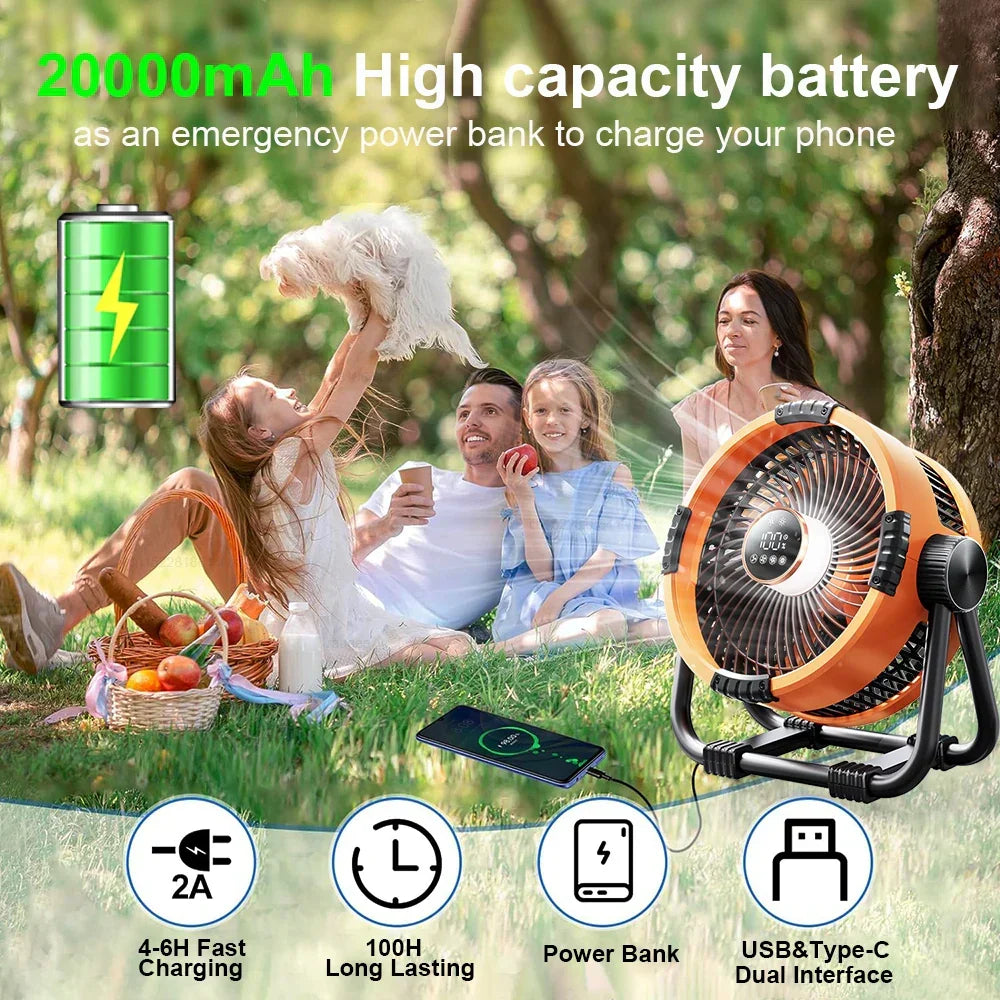Draagbare campingventilator met 20000 mAh powerbank LED-verlichting afstandsbediening voor tent outdoor | Sulvida