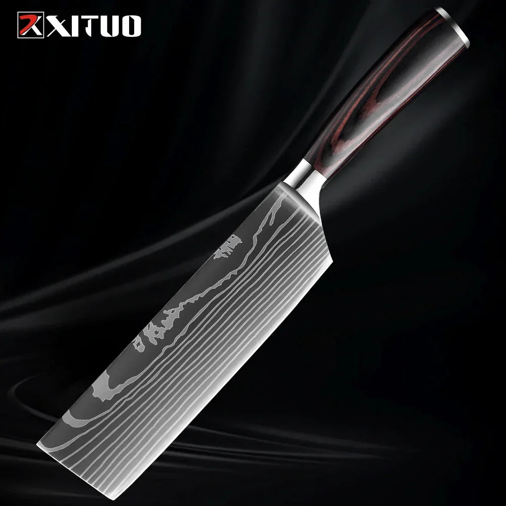 Collection de couteaux en acier inoxydable, 1 à 9 pièces, manche en bois, couteau de chef, couteau à légumes, couteau de cuisine universel professionnel | Sulvida