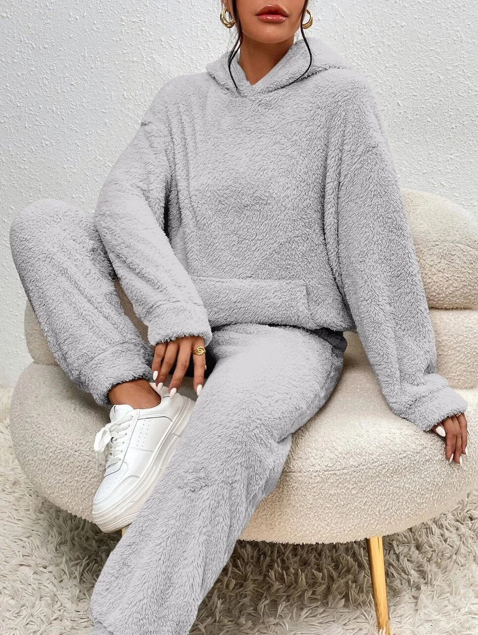 Teddy Huispak met Capuchon Kangoeroezak Dames Winter Loungewear Fleece Homewear Comfortset Relaxkleding | Sulvida