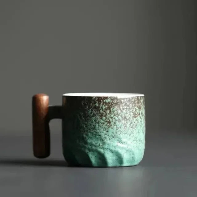 Keramische Espressokop 80ml met Houten Handvat Groen Blauw Zwart Theemok Filter Handgemaakt Koffiebeker | Sulvida