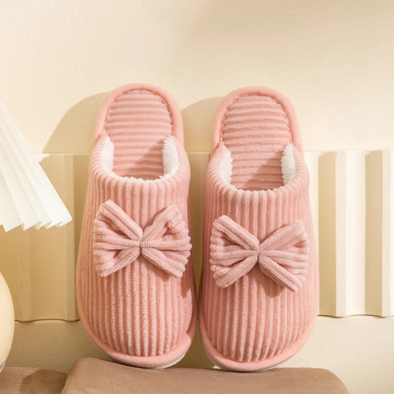 Huisslippers met Strik Dames Ribfluweel Gevoerd Antislip Binnenschoenen Fluweelzachte Pantoffels Warm | Sulvida