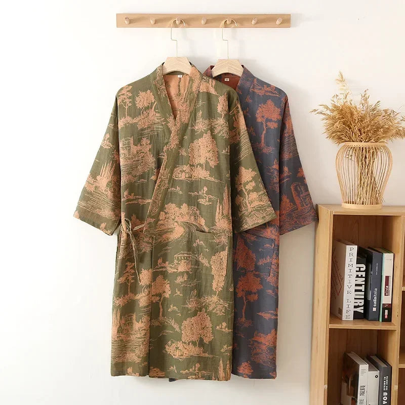 Sauna badjas - Blauw Groene Kleuren Gedrukt Gewaad Voor Mannen Katoen Kimono Mannen Badjas Voor Lente En Zomer Herfst Katoen Lange Stijl Mannen kimono Gewaad