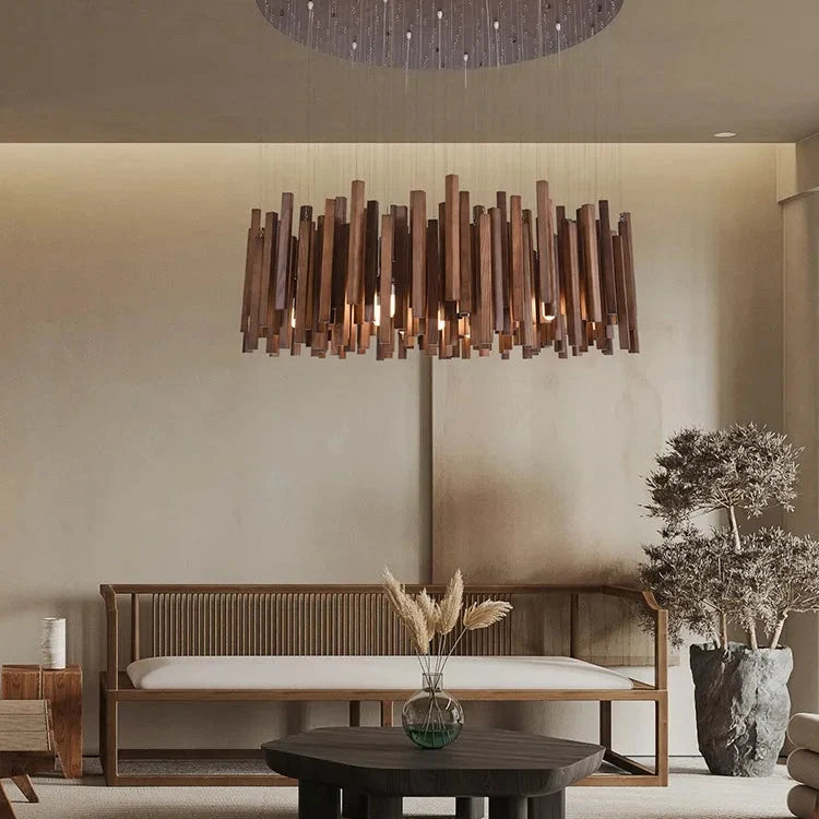 Houten Hanglamp Rond LED Kroonluchter Warm Licht Woonkamer Eetkamer Japans Minimalistisch Design Sfeerverlichting | Sulvida
