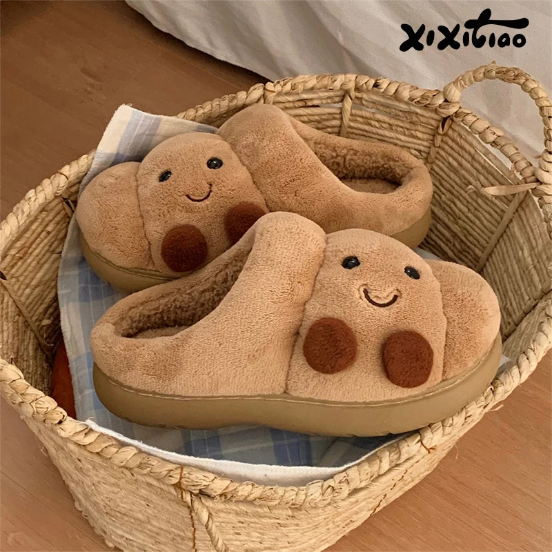 XIXITIAO Leuke Cartoon Pluizige Slippers Voor Vrouwen Mannen Winter Thuis Warme Harige Croissant Brood Stijl Anti-slip Huis Schoenen koppels