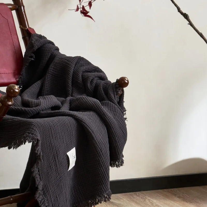 Katoenen Plaid met Kwastjes Vierlaags Gaasweefsel Effen Bankdeken Decoratief Gebreid voor Woonkamer Bank | Sulvida