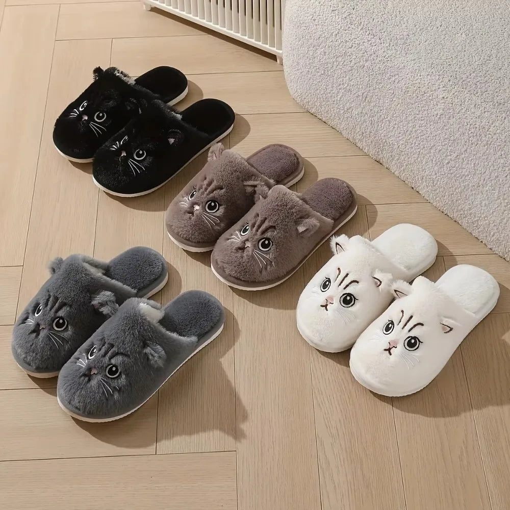 Dames Pluche Pantoffels met Kattenmotief Winter Huisschoenen Warme Instappers Antislip Binnenschoenen | Sulvida