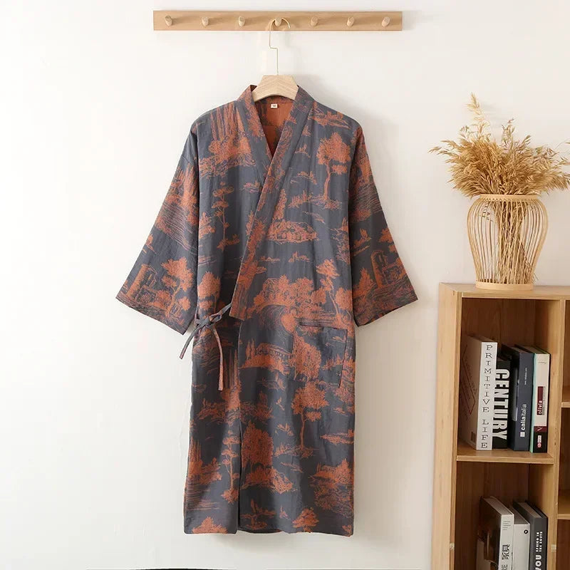 Kimono Ochtendjas Heren Katoen Lange Stijl Bedrukt Blauw Groen Grijs Navy Zomer Herfst Badkamer Lounge | Sulvida