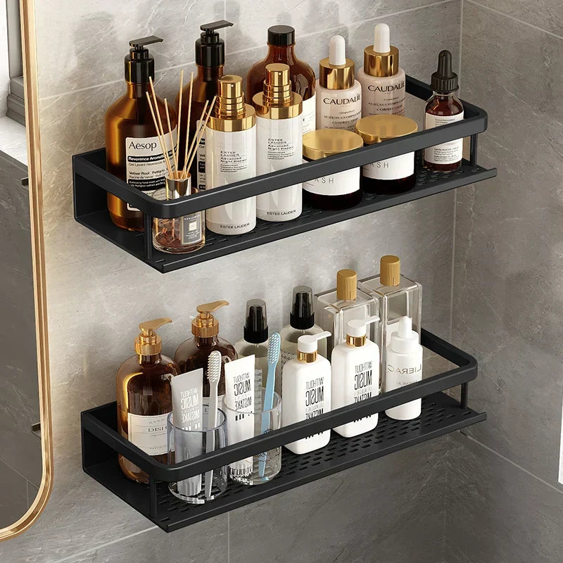 Aluminium Doucheplank Wandmontage Zwart Mat Opbergrek Badkamer Keuken Geperforeerd Waterdoorlatend Design | Sulvida