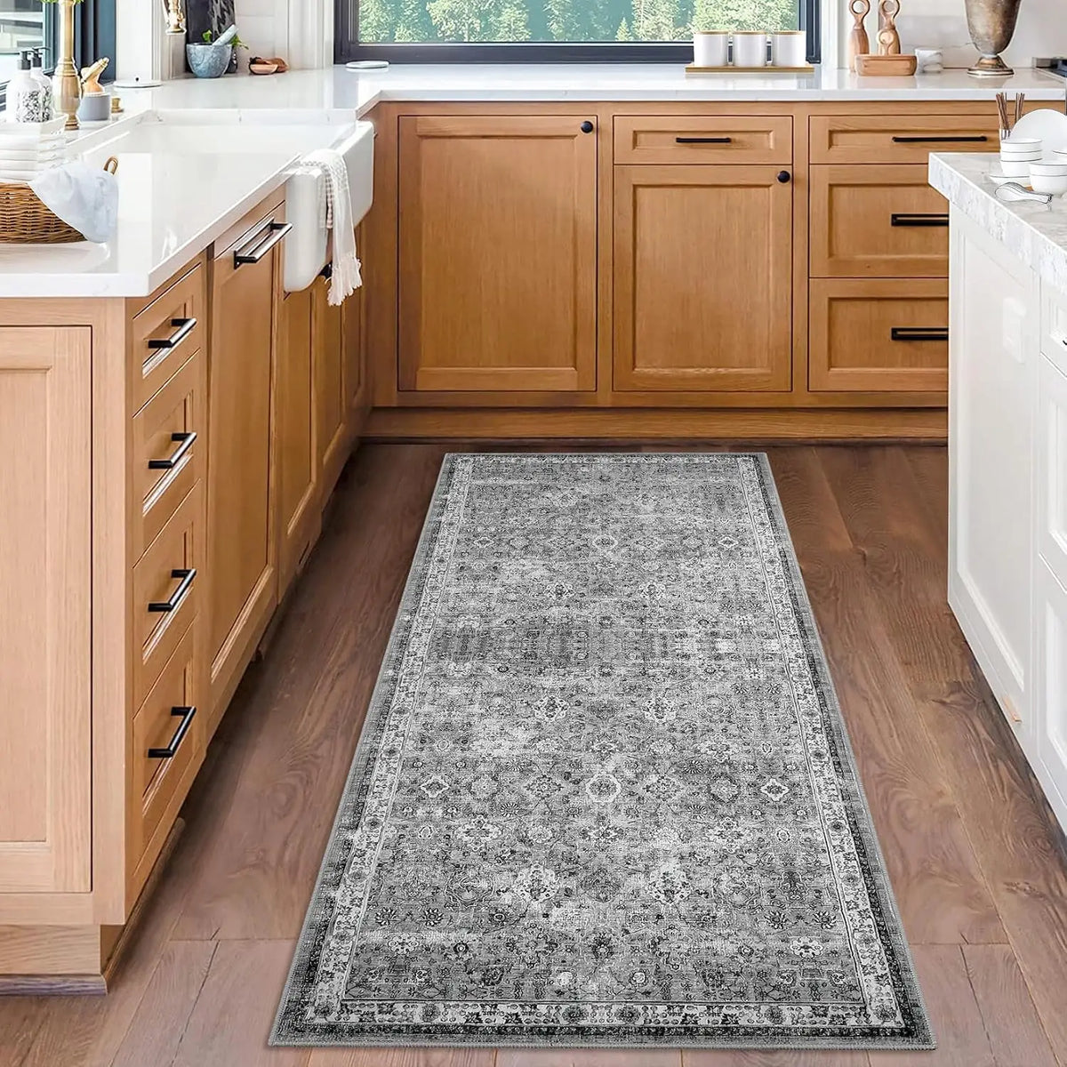 Vintage vloerkleed met korte pool grijs wasmachinebestendig antislip loopmat voor keuken hal en slaapkamer | Sulvida