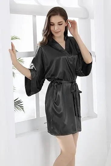 Satijnen Kimono Ochtendjas Dames Marineblauw Knielengte Bruidsmeisje Badjas Luxe Polyester Satijn Nachtkleding | Sulvida